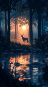 Backlit stag silhouette framed by volumetric forest sunset glow