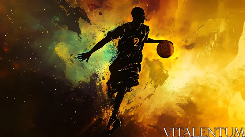 Dynamic silhouetted basketball player in fiery abstract motion