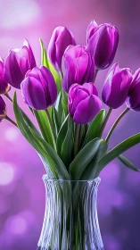 Vibrant Purple Tulip Bouquet in Crystal Vase with Gradient Background