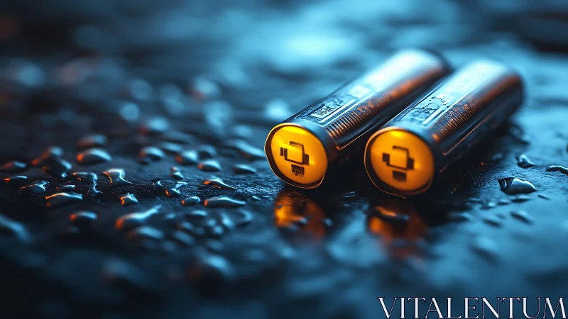 High-contrast macro study of wet metallic batteries in neon light
