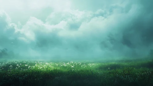 Misty wildflower meadow resting beneath soft rolling clouds.