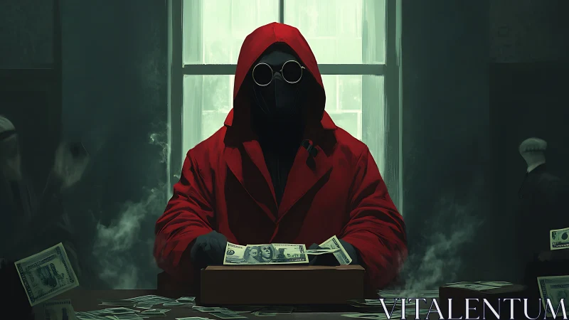 Masked figure in red coat counting illicit cash indoors.