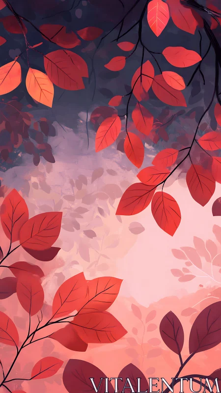 Red autumn leaves framing soft pastel sky background.