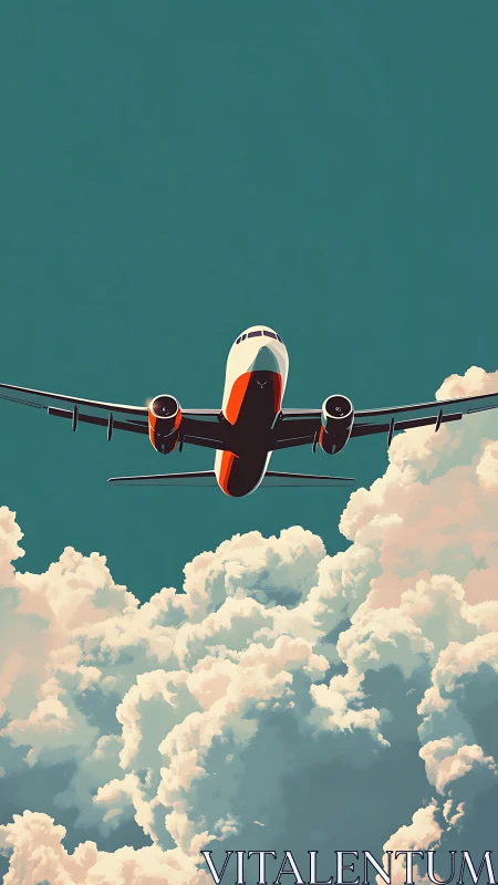 Low-angle jet airliner over cumuliform cloud deck, stylized.