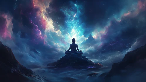 Cosmic meditative silhouette amid nebular luminosity field.