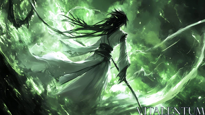 Sword-wielding warrior within luminous emerald energy storm.
