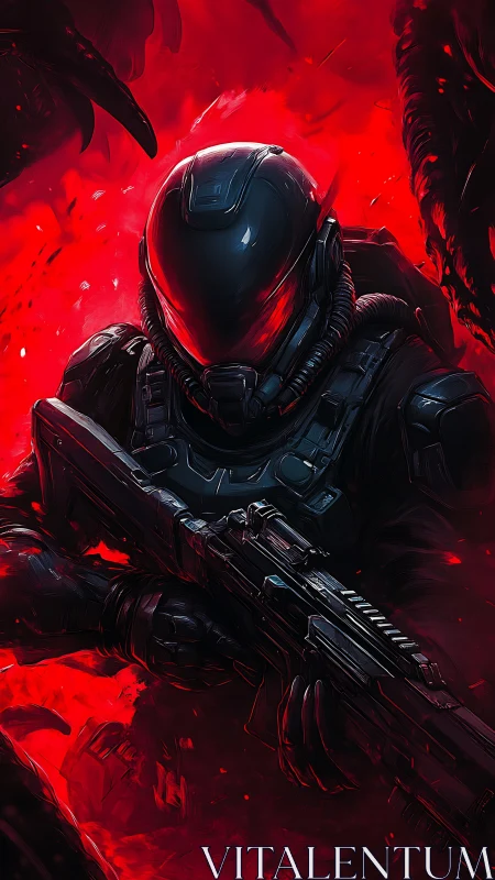 Armored sci fi infantry with tactical rifle in infernal red void