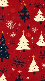Digital painting pattern of stylized Christmas trees on red ground.