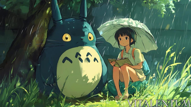 Girl sits under umbrella beside large creature in rain