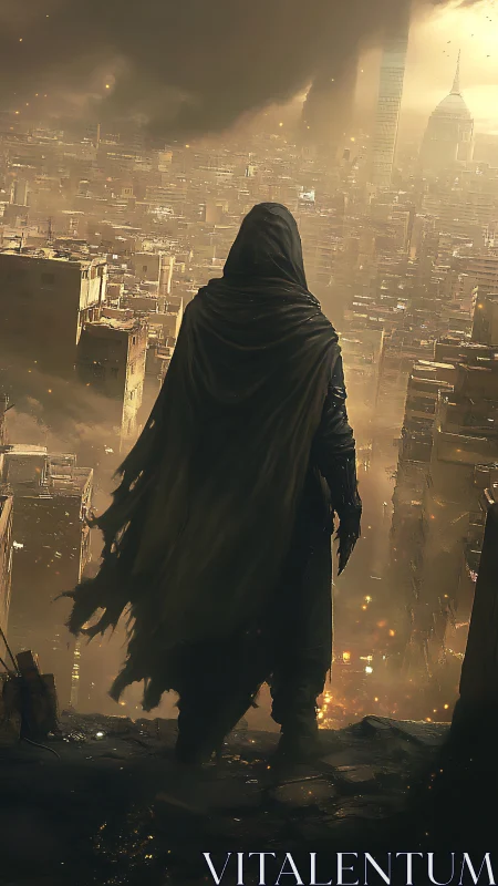 Hooded wanderer surveys a ruined city under storm clouds