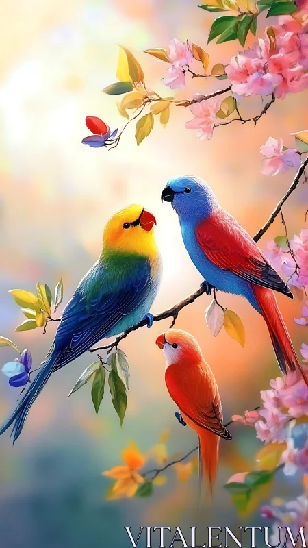 Three colorful songbirds perch on flowering spring branches