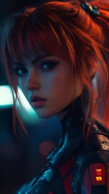 Neon-lit cybernetic heroine in red tactical exosuit portrait
