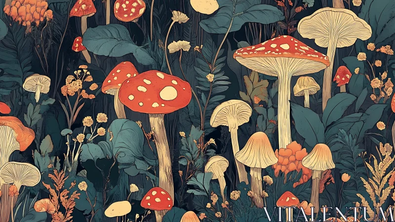 Enchanted forest mushrooms glow softly in lush twilight