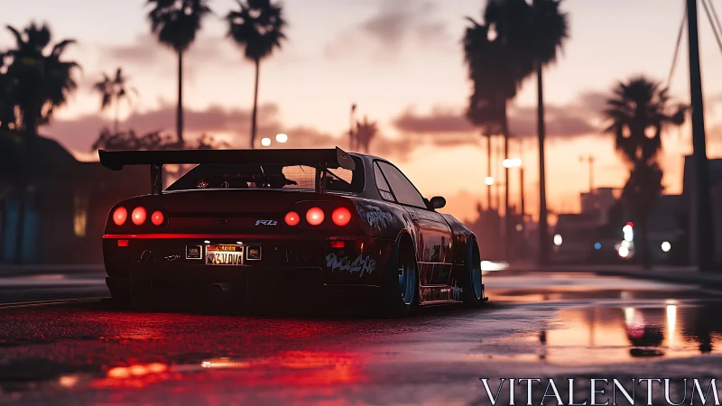 Modified sports car on wet urban street at sunset.
