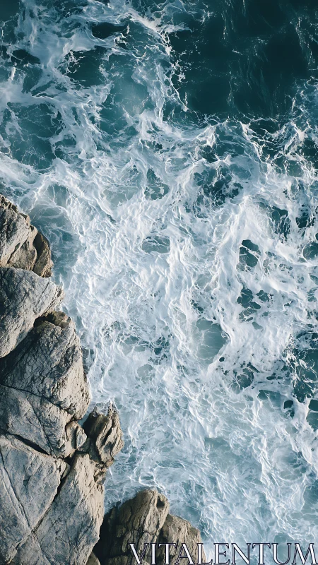 Aerial littoral interface of surf turbulence and coastal rock mass.