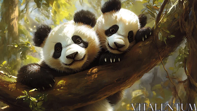 Digital illustration of two young pandas on forest branch.