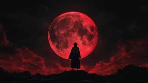 Lone cloaked figure stands before a glowing red moon.
