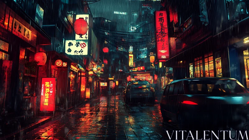 Neon-soaked alleyway in cinematic cyberpunk rainstorm.