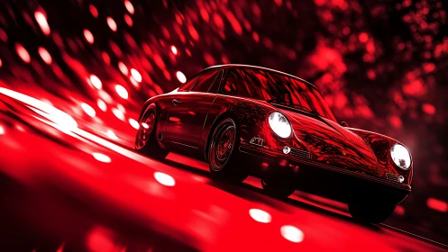 Classic sports car surges through a neon red motion tunnel