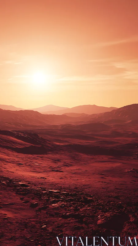 Scarlet alien dunes bask under a blazing copper sunlit sky.