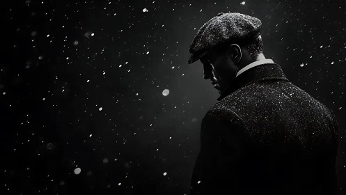 Solitary man in snowfall wearing flat cap at night.