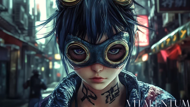 Goggled youth with neck tattoo in dense neon-lit alleyway.