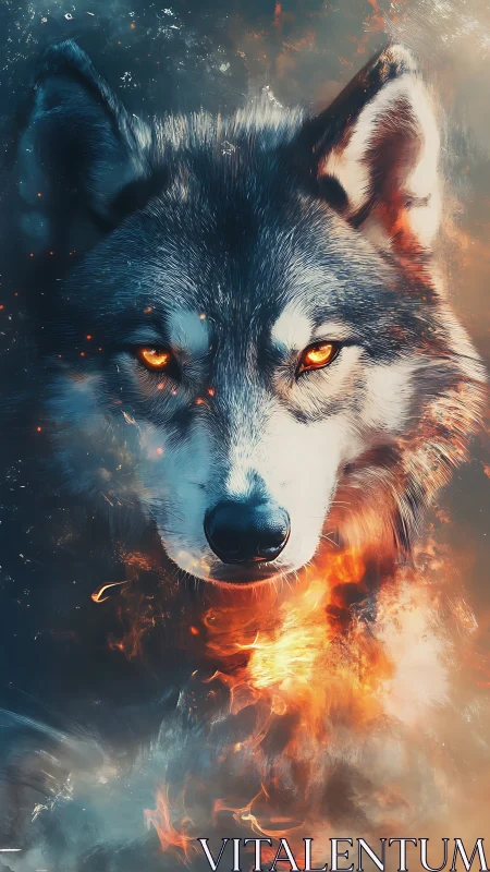 Fiery-eyed wolf portrait emerging through swirling flames.