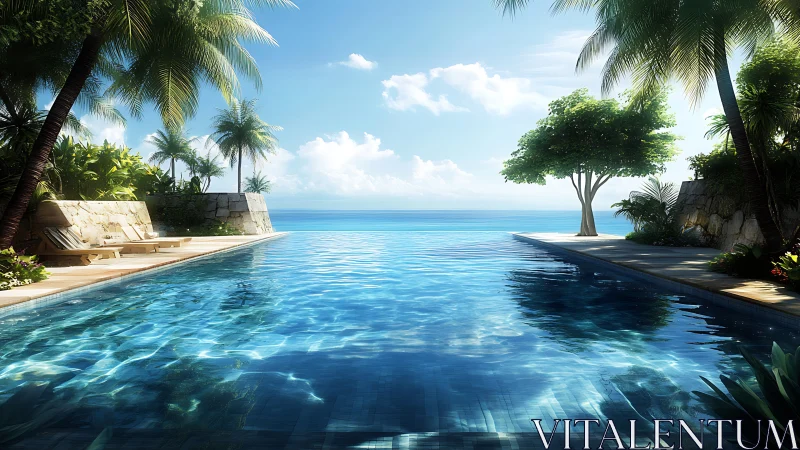 Infinity pool quietly stretches into a shimmering tropical horizon