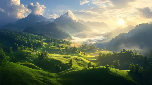 Sunlit emerald valleys drifting beneath dreaming peaks.