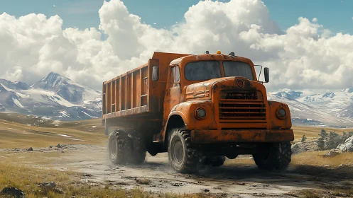Rustic orange dump truck crosses remote alpine valley road.