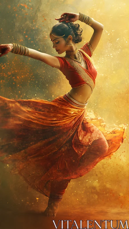 Graceful Indian classical dancer in swirling orange dress.