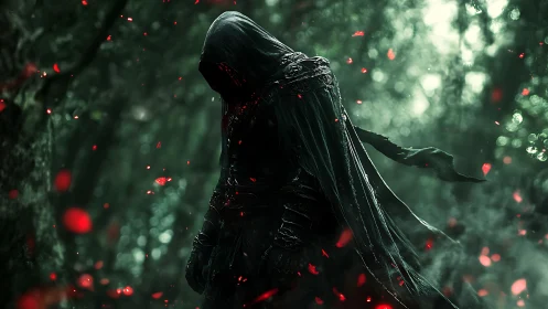 Hooded dark wraith stalks an enchanted ember-lit forest