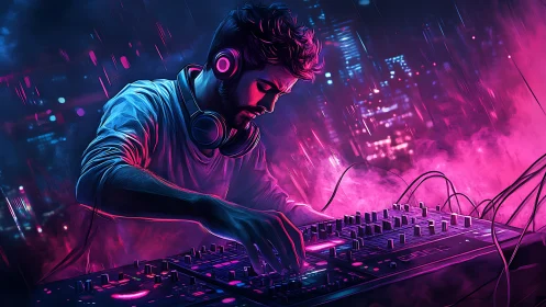 Neon city DJ dives into pulsing beats and glowing night
