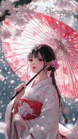 Kimono-clad woman under cherry blossoms rendered in soft anime style