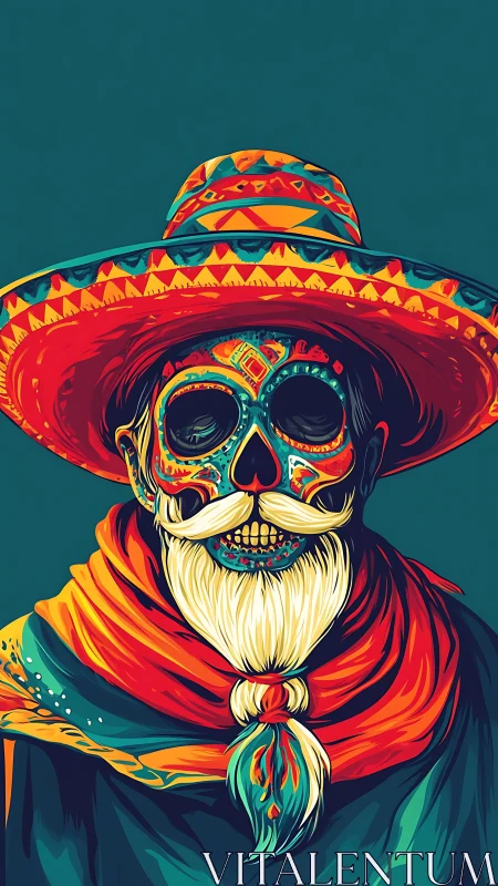 Vibrant sugar skull cowboy wrapped in festive desert colors.