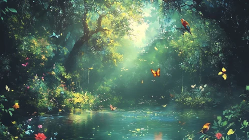 Lush forest pond with butterflies and birds under soft light
