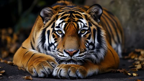 Resting tiger in close frontal view on forest floor.