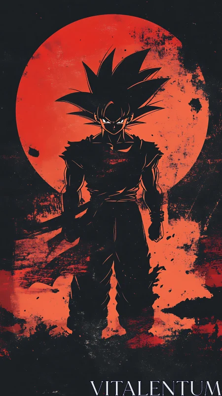 Silhouetted spiky haired warrior before red grunge moon.