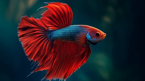 Red and blue betta fish in side profile against dark water.