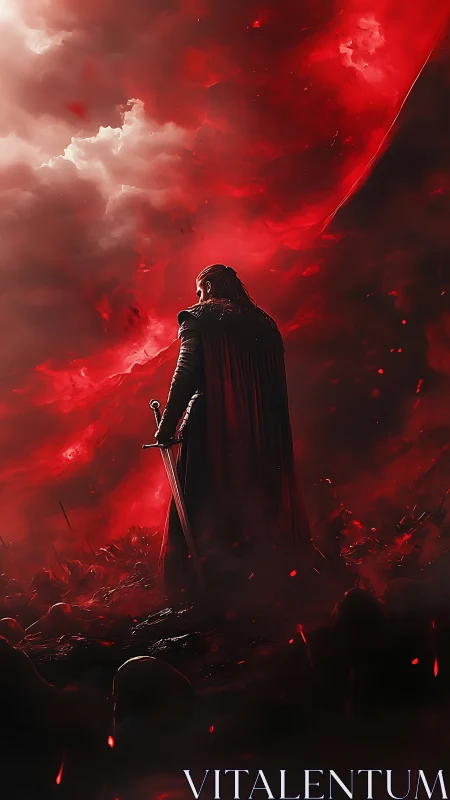 Lone warrior resting beneath swirling crimson skies.