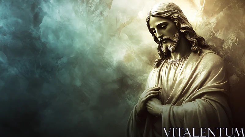 Luminous robed figure in sculptural chiaroscuro atmosphere.