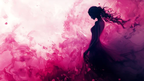 Silhouetted woman in flowing magenta abstraction.