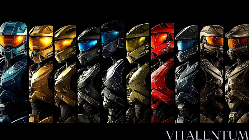 Row of armored sci‑fi soldiers is aligned in profile