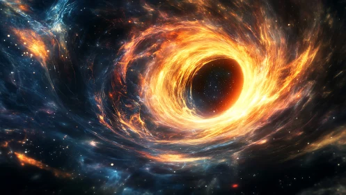 Energetic black hole accretion disk rendered in digital cosmic art