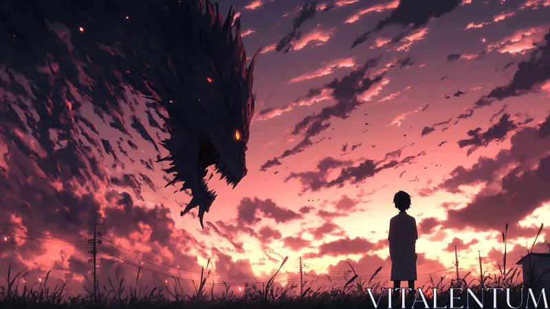 Twilight boy confronts colossal sky dragon silhouette.