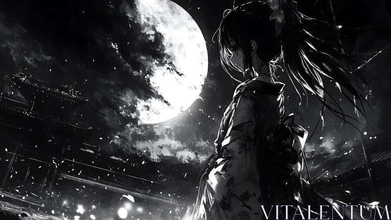 Moonlit petals confess to the silent samurai silhouette