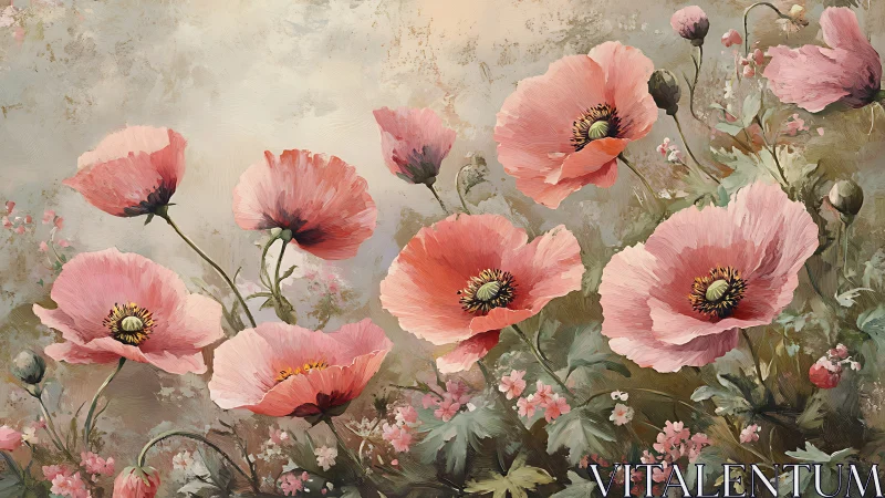 Pink poppy flower field in detailed oil style painting.