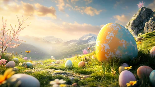 Colossal pastel Easter egg in radiant alpine meadow dawn.