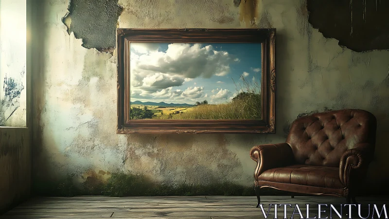 Framed landscape view contrasts with worn interior wall