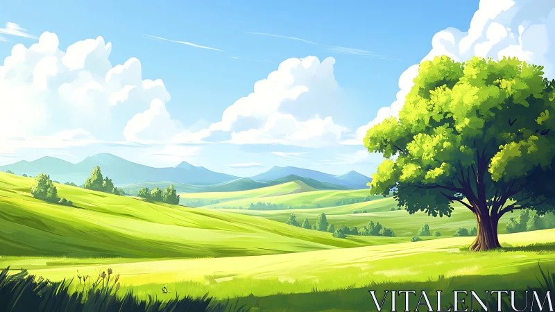 Sunlit rolling hills with stylized shading and dynamic clouds